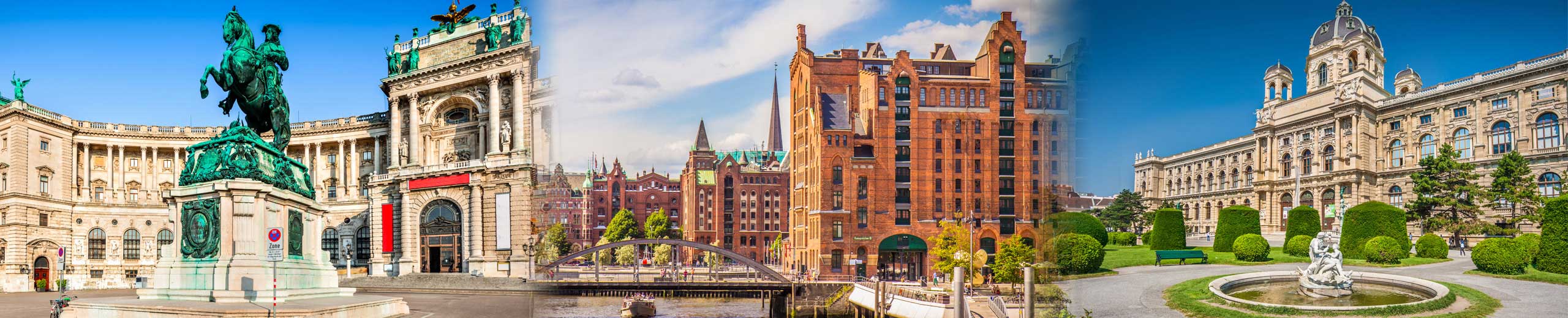 Links ist der Eingang der Wiener Oper abgebildet, rechts ein großes braunes Gebäude der Speicherstadt in Hamburg