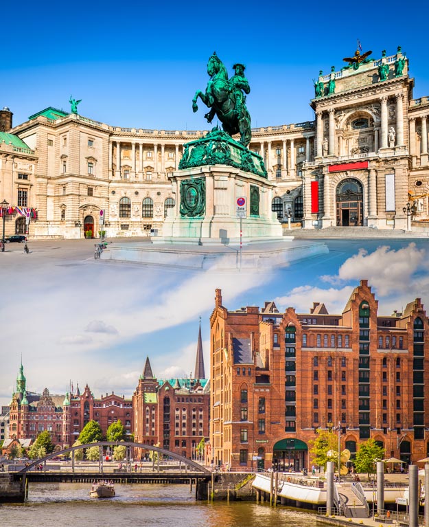 Links ist der Eingang der Wiener Oper abgebildet, rechts ein großes braunes Gebäude der Speicherstadt in Hamburg